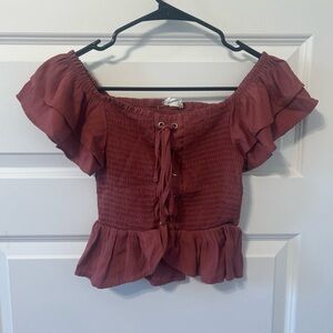 Ruffled Off-Shoulder Smocked Top - Rust